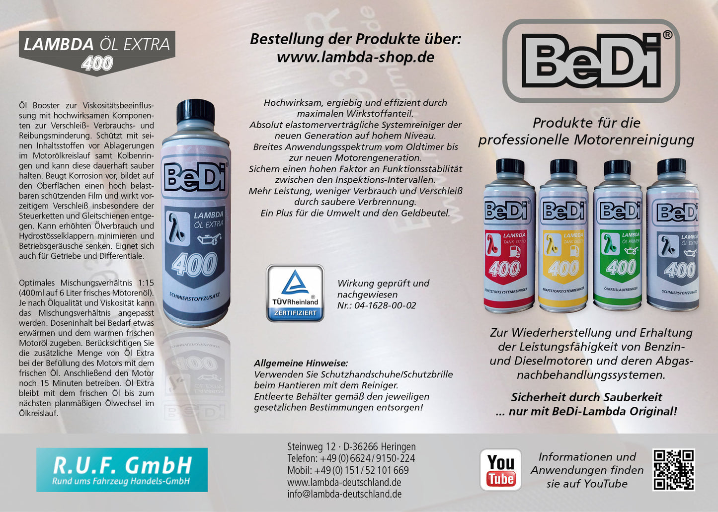 Produktflyer BeDi Lambda Produkte 400ml Gebinde Lambda Tank Otto, Lambda Tank Diesel, Lambda Öl Primer, Lambda Öl Extra. Beschreibung und Anwendung Lambda Öl Extra und allgemeine Information.