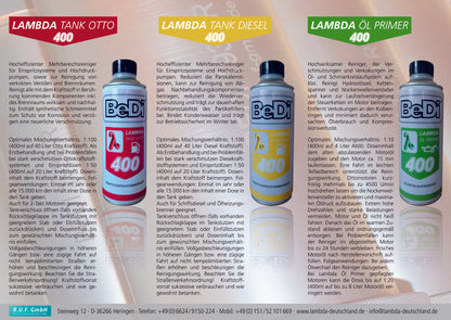 Produktflyer BeDi Lambda Produkte 400ml Gebinde Lambda Tank Otto, Lambda Tank Diesel, Lambda Öl Primer, Lambda Öl Extra. Beschreibung und Anwendung Otto, Diesel, Primer